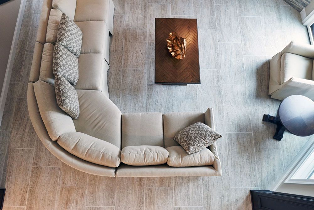 Aerial View of Living Room Couch. Build a Custom Home With Design Built Homes in Mid-Missouri. 