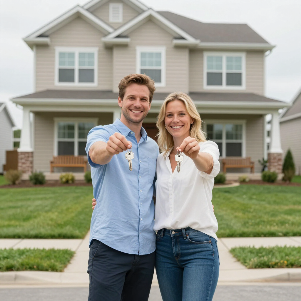 A couple smiles while holding up house keys in front of a suburban two-story home.