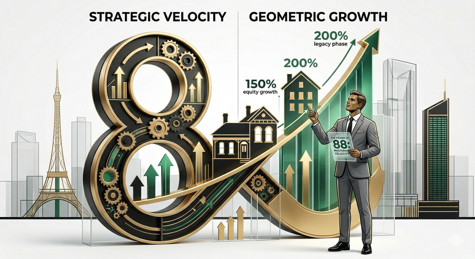 Business graphic with an infinity symbol and an arrow showing 150-200% growth, featuring a professional and city skyline.