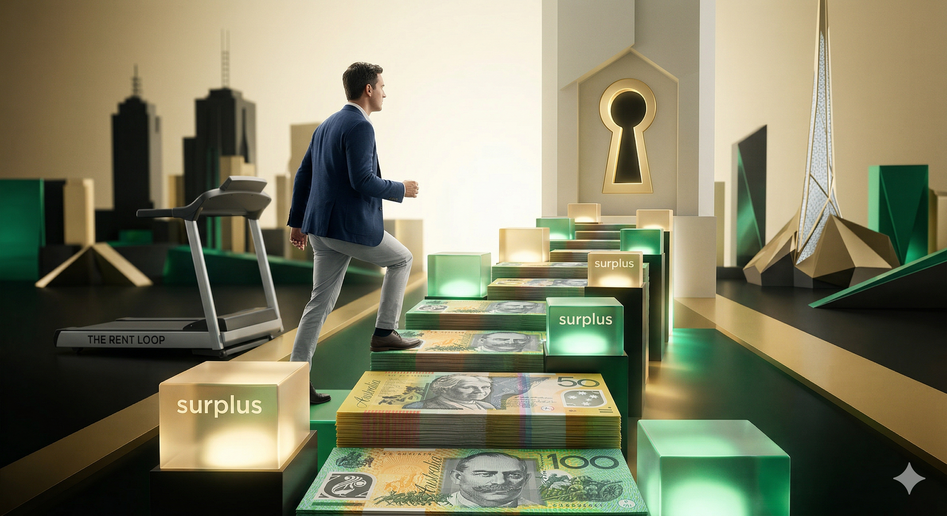 A person walks up steps made of Australian banknotes toward a glowing keyhole, surrounded by stylized city architecture.