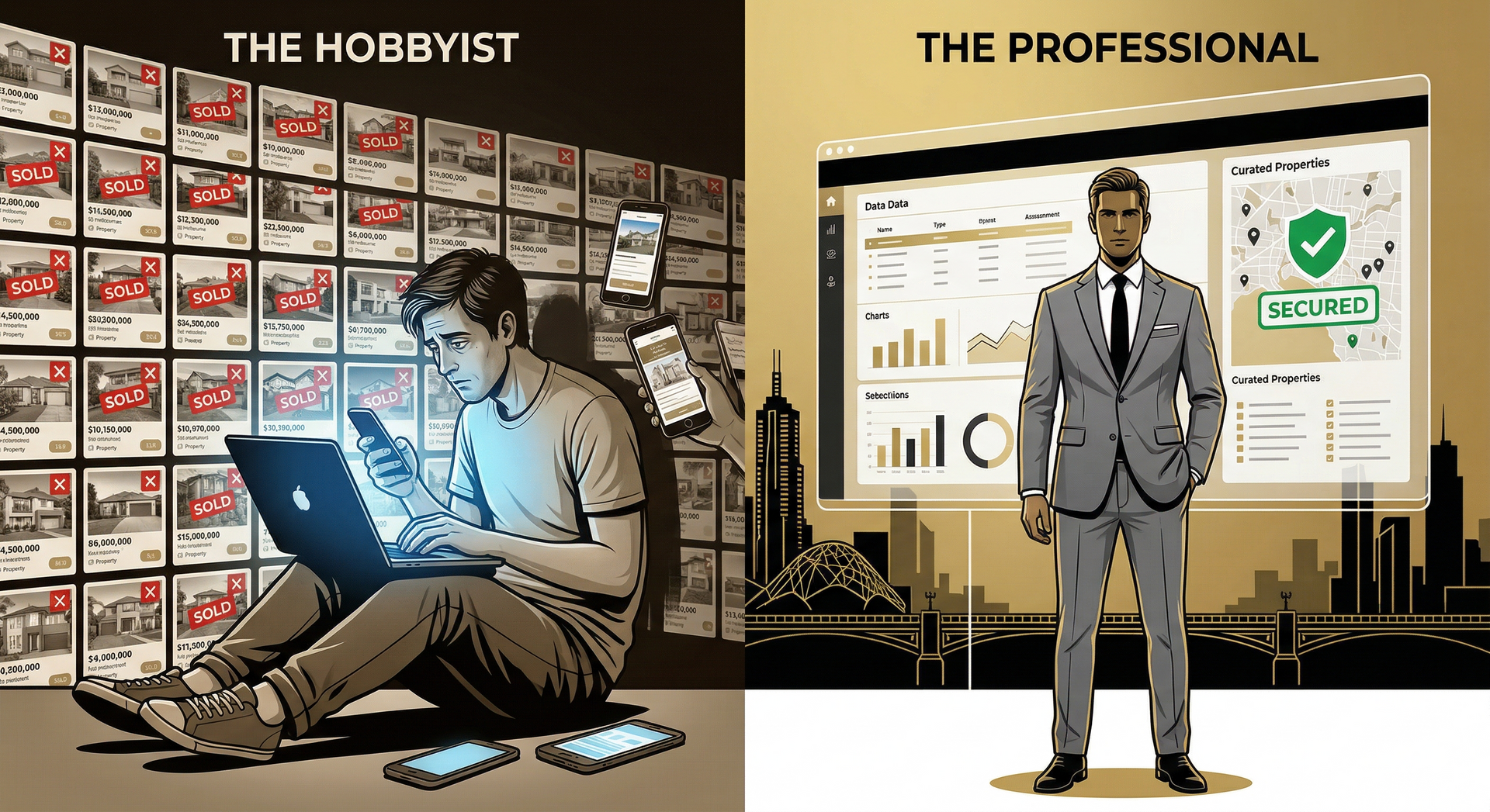 A split-screen comparison: a person surrounded by screens and devices contrasts with a professional in a suit by a dashboard.