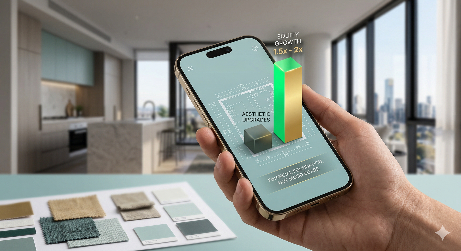 A hand holds a smartphone displaying a 3D bar chart, with material color swatches on a table in an interior home setting.