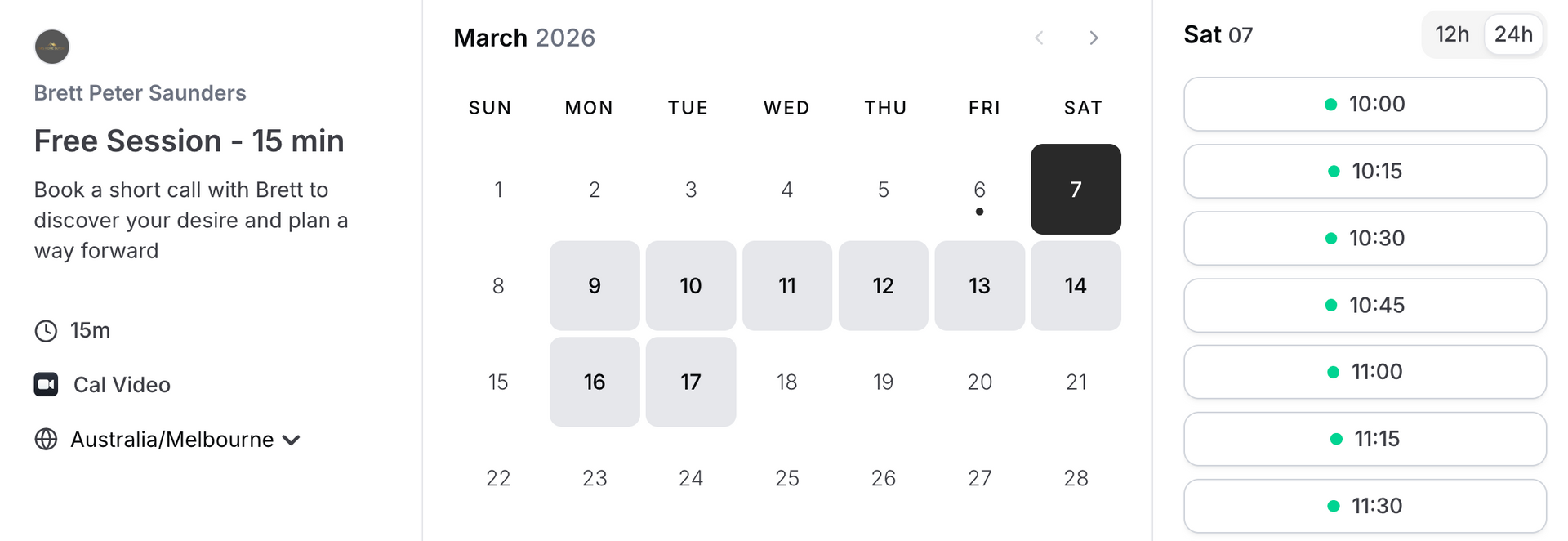 BPS Home Buyers Calendar interface showing available time slots on the right - Book a Free Session for 15 min with Brett