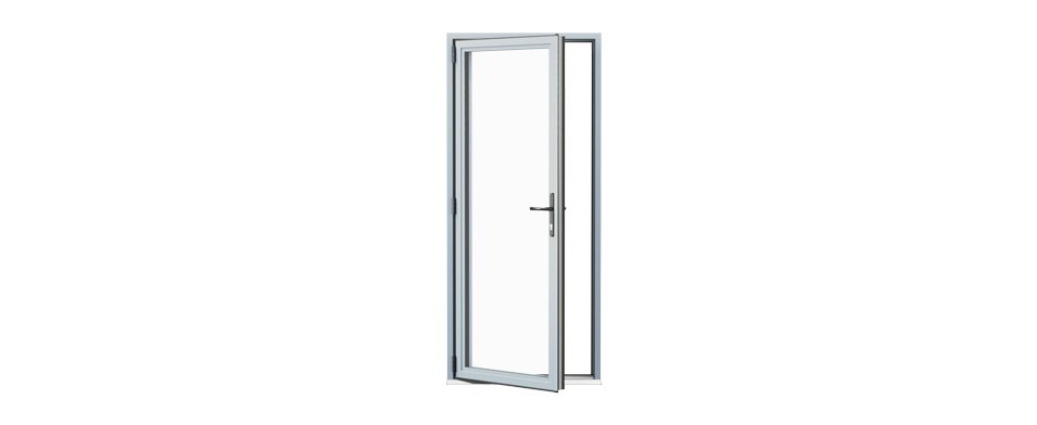 A white door with a handle is open on a white background.