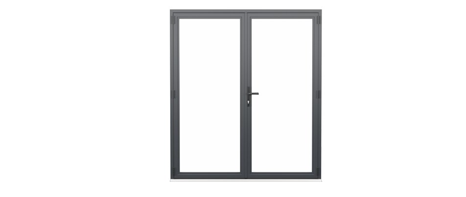 A black sliding glass door with a handle on a white background.