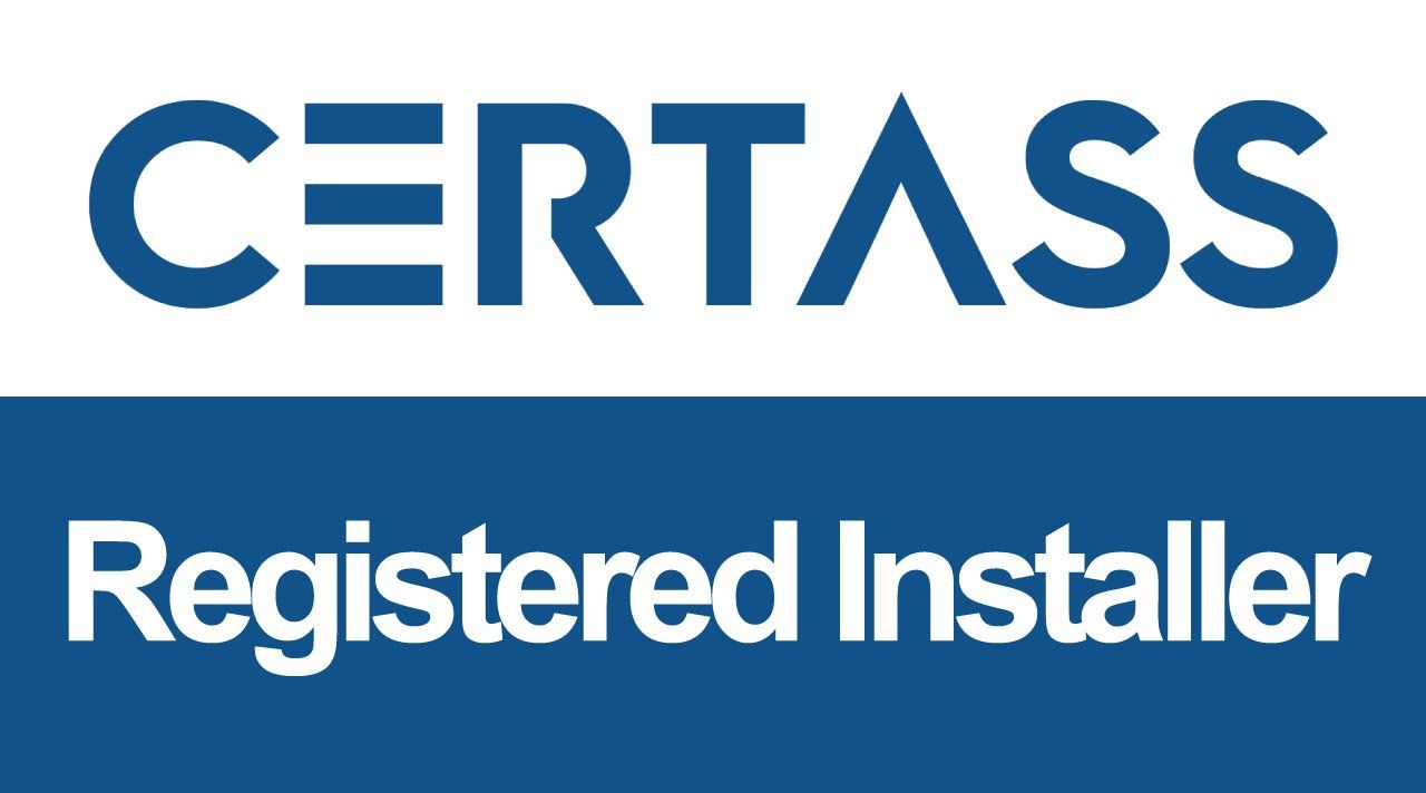 A blue and white logo for Certass  a registered installer