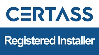 A blue and white logo for Certass  a registered installer