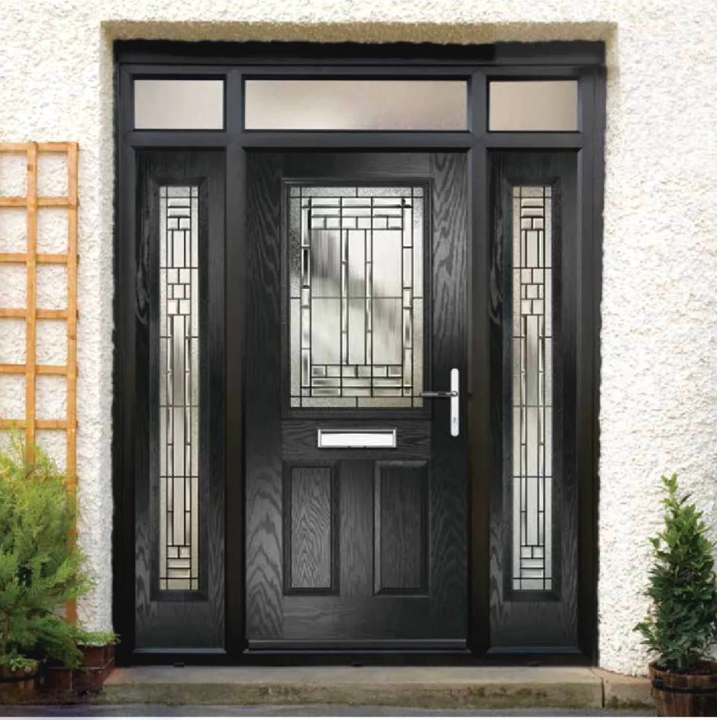 Black front door with glass panels, featuring a rectangular window design.
