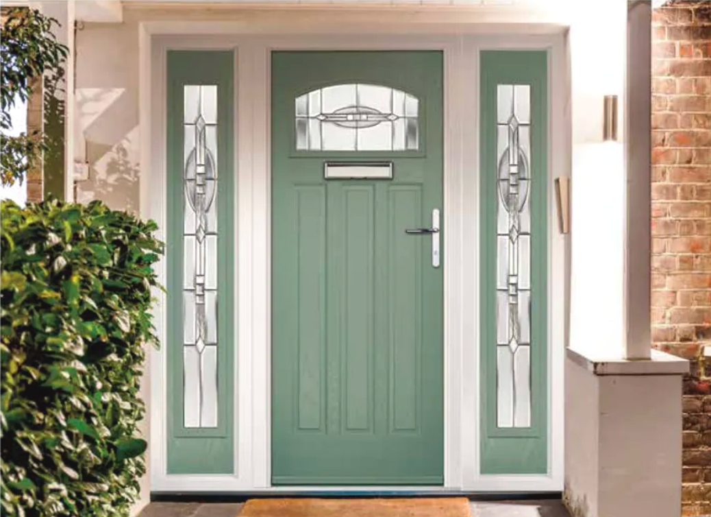 Green front door with sidelights and arched window, framed in white.