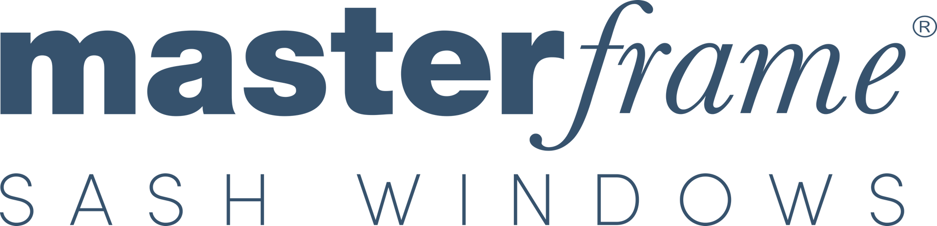 A blue and white logo for master frame sash windows