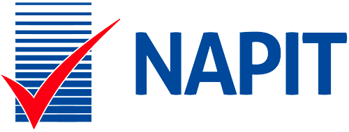 A blue and white logo for napit with a red check mark