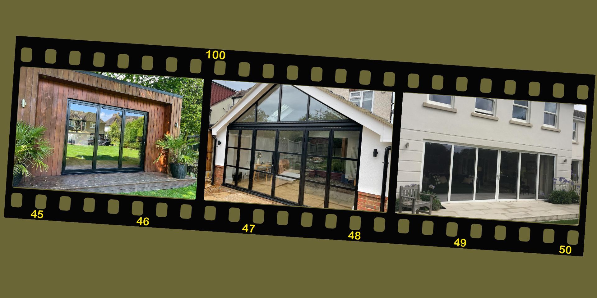 A collage of three different doors, heritage french doors, sliding doors and bi-fold doors