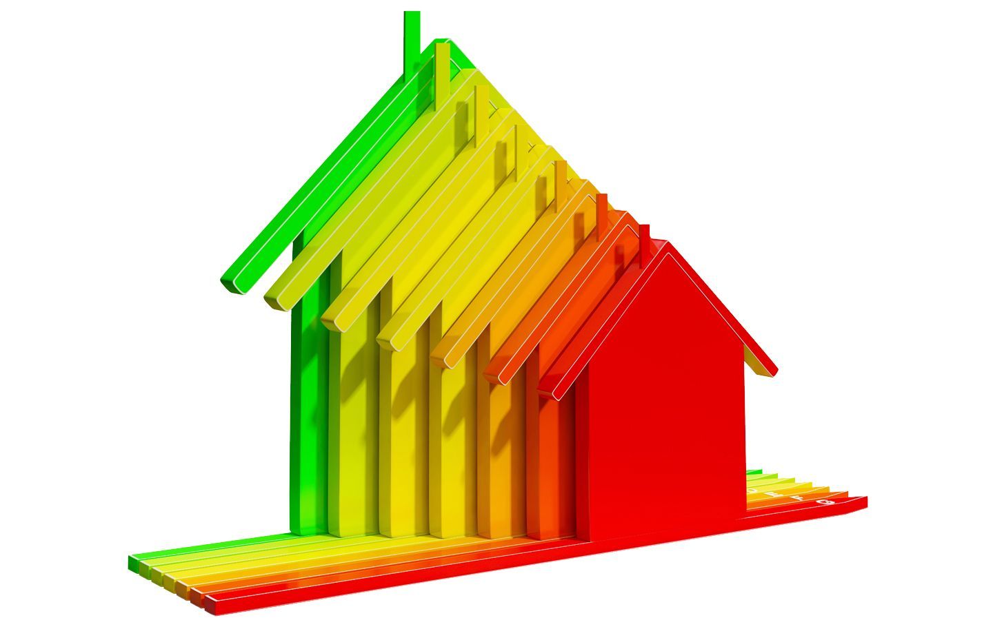 Energy efficient house graphic with a gradient from green to red.