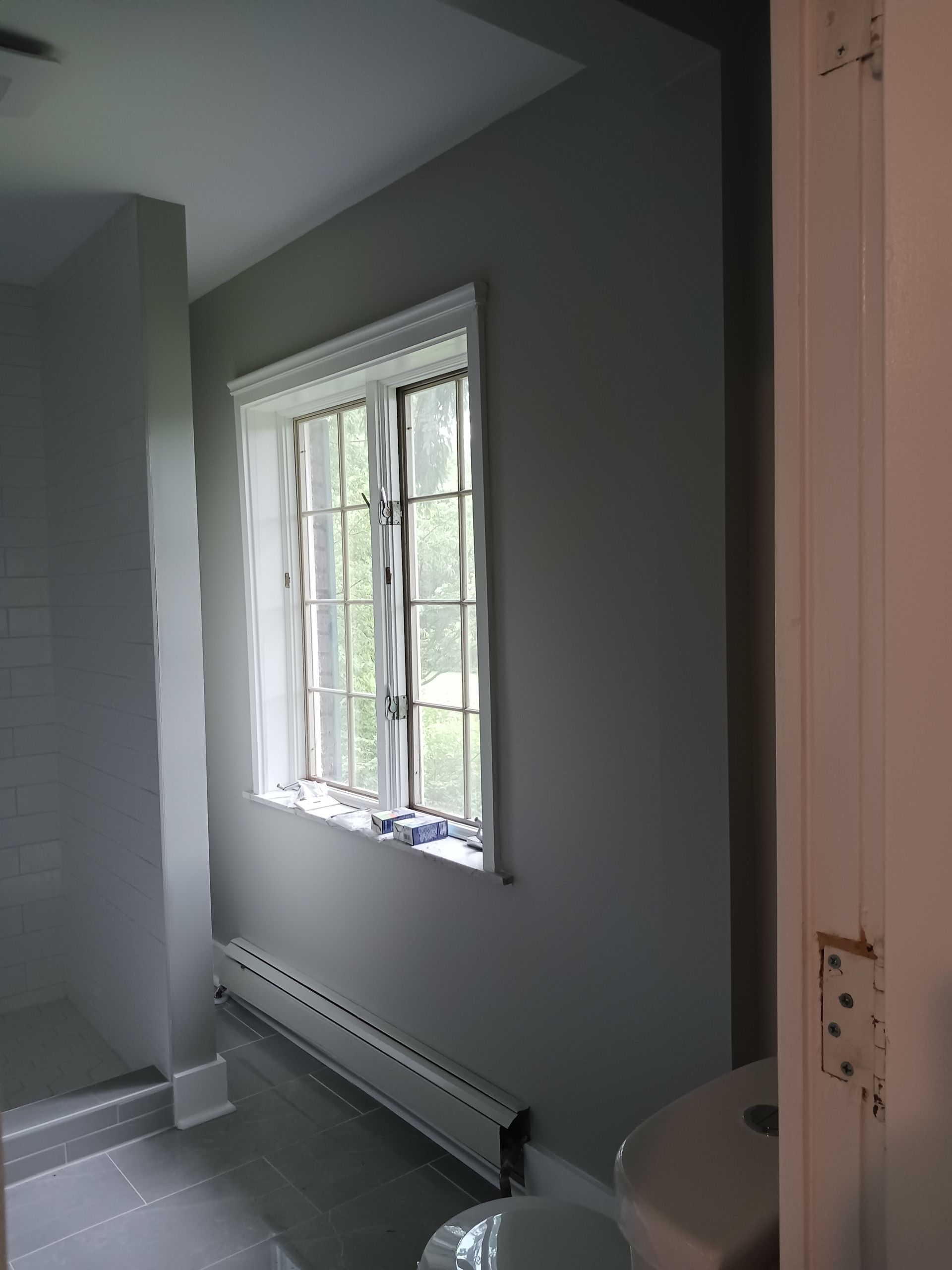 A bathroom with a toilet and a window
