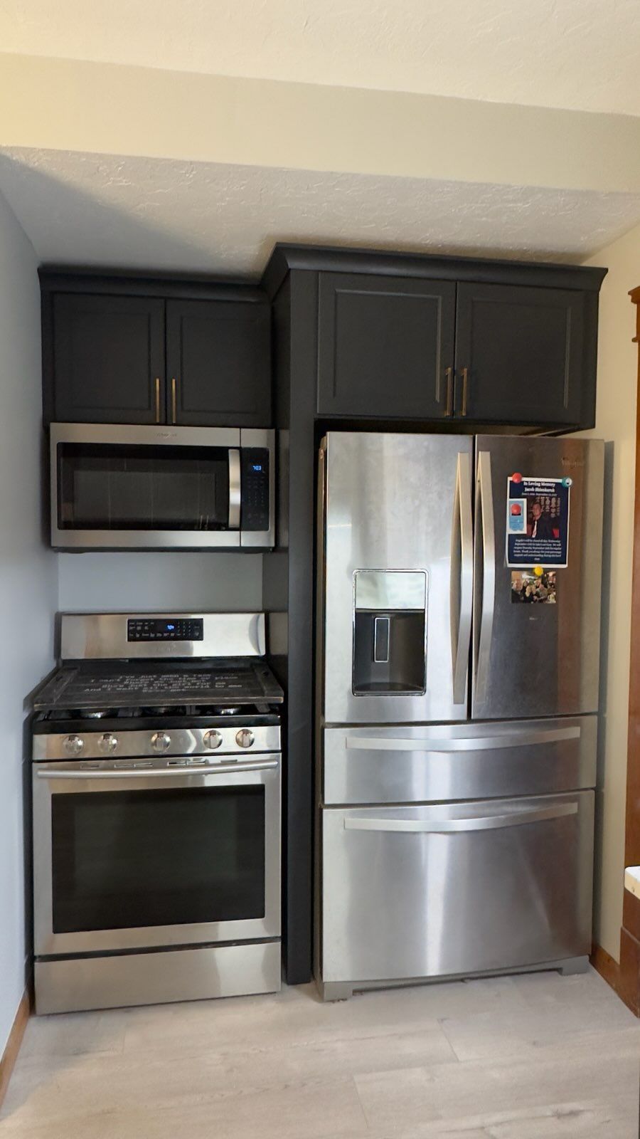 A kitchen with stainless steel appliances and black cabinets