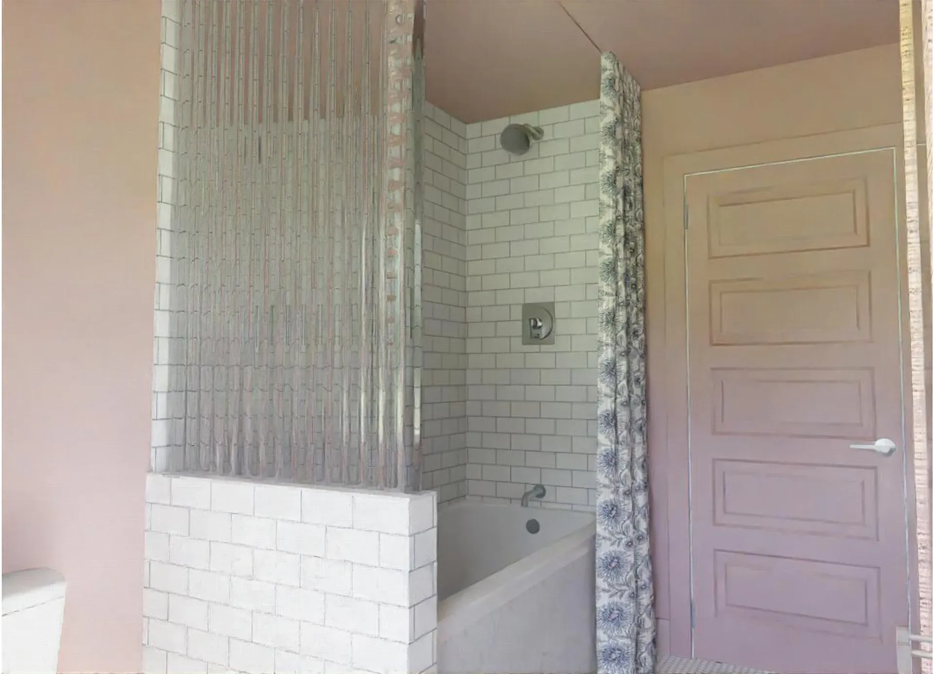 A bathroom featuring a half-wall tiled with white subway tiles, a shower curtain, and a painted light pink door.