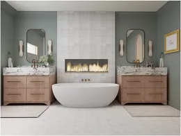 A luxury bathroom with two wooden vanities, marble countertops, mirrors, and a central freestanding tub by a fireplace.