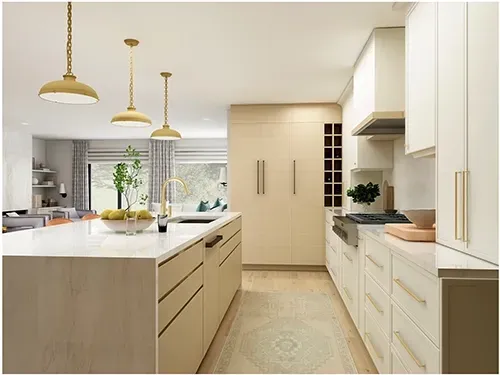 Modern kitchen with light wood cabinetry, white countertops, three pendant lights, and an island facing a living area.
