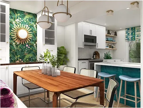 Modern kitchen and dining area with a wooden table, green botanical wallpaper, white cabinets, and a teal kitchen island.