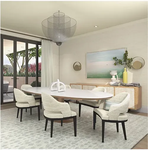 Dining room with an oval white table, four cream-colored chairs, a textured light rug, and a tiered metal chandelier.