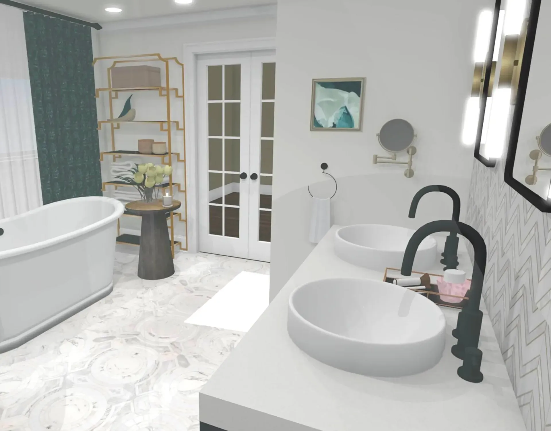 A bright bathroom with a white soaking tub, double vessel sinks with matte black faucets, and gold shelving.