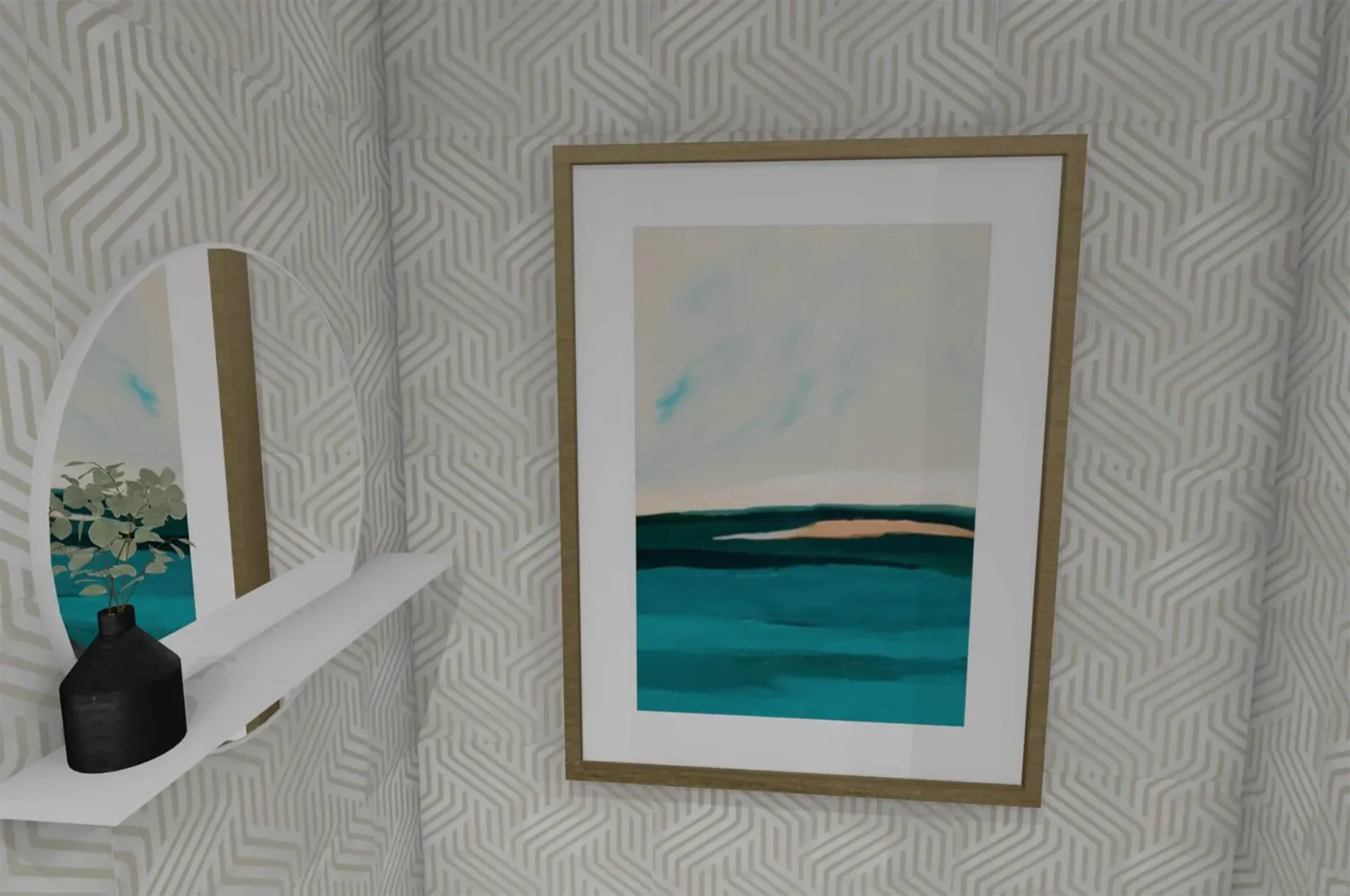 A framed abstract landscape painting of blue water and sky hangs on a wall with geometric light gray wallpaper.