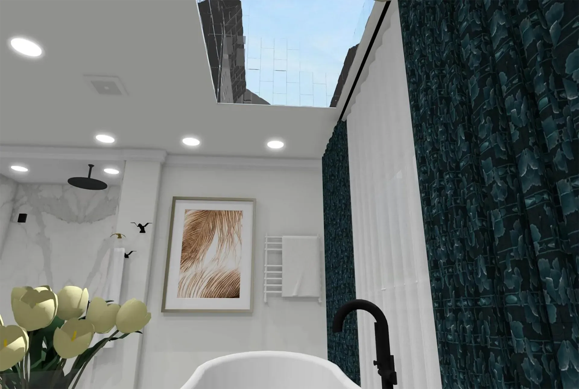 Modern bathroom featuring a soaking tub, dark blue curtains, a skylight, recessed lighting, and framed abstract art.