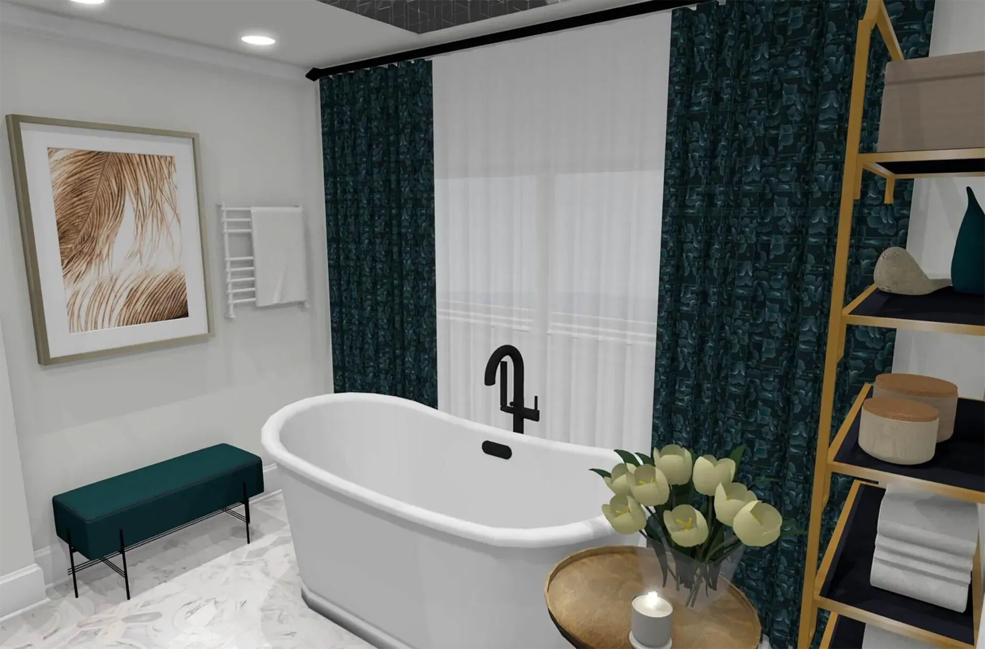 A modern bathroom featuring a white soaking tub, teal curtains, a dark green bench, and a gold-toned shelving unit.