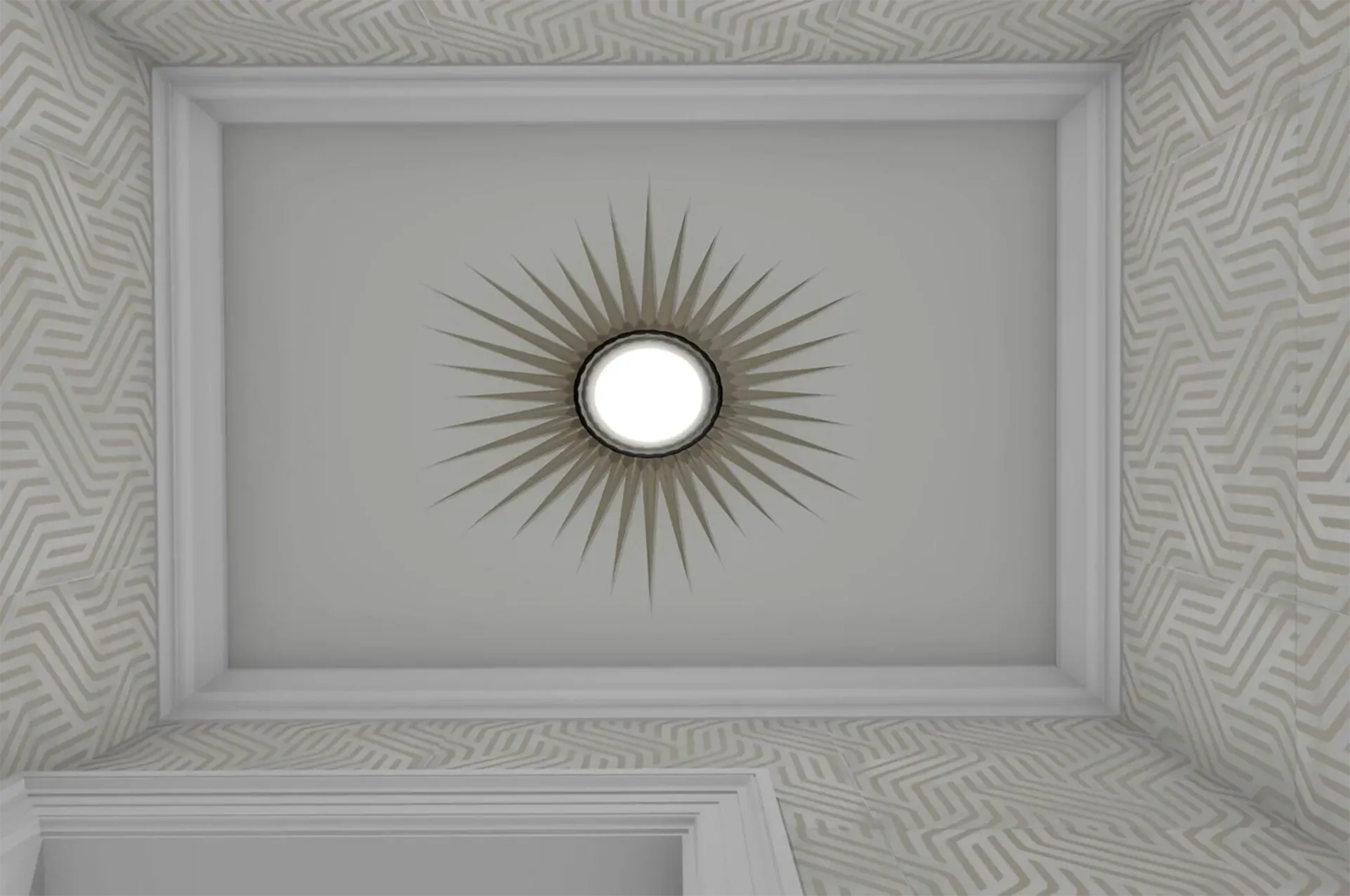 A sunburst-style ceiling light fixture is centered in a white tray ceiling, surrounded by walls with a geometric pattern.