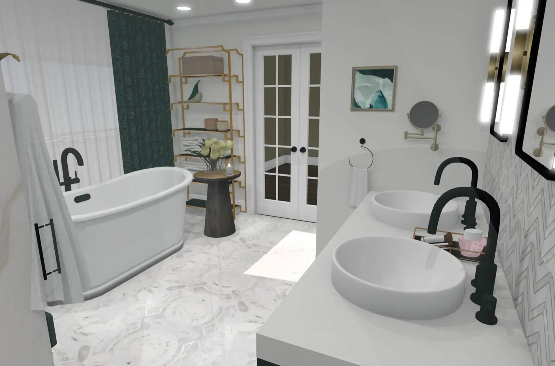 A bathroom with a white soaking tub, double vessel sinks with black fixtures, and gold shelving against a green curtain.