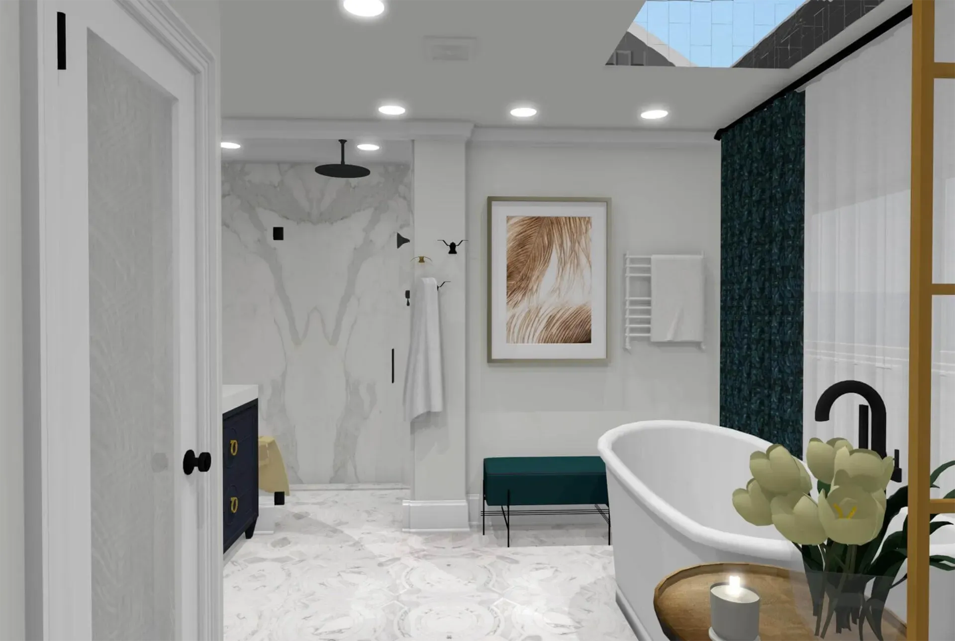 Modern luxury bathroom with a freestanding tub, teal bench, white marble flooring, walk-in shower, and skylight.