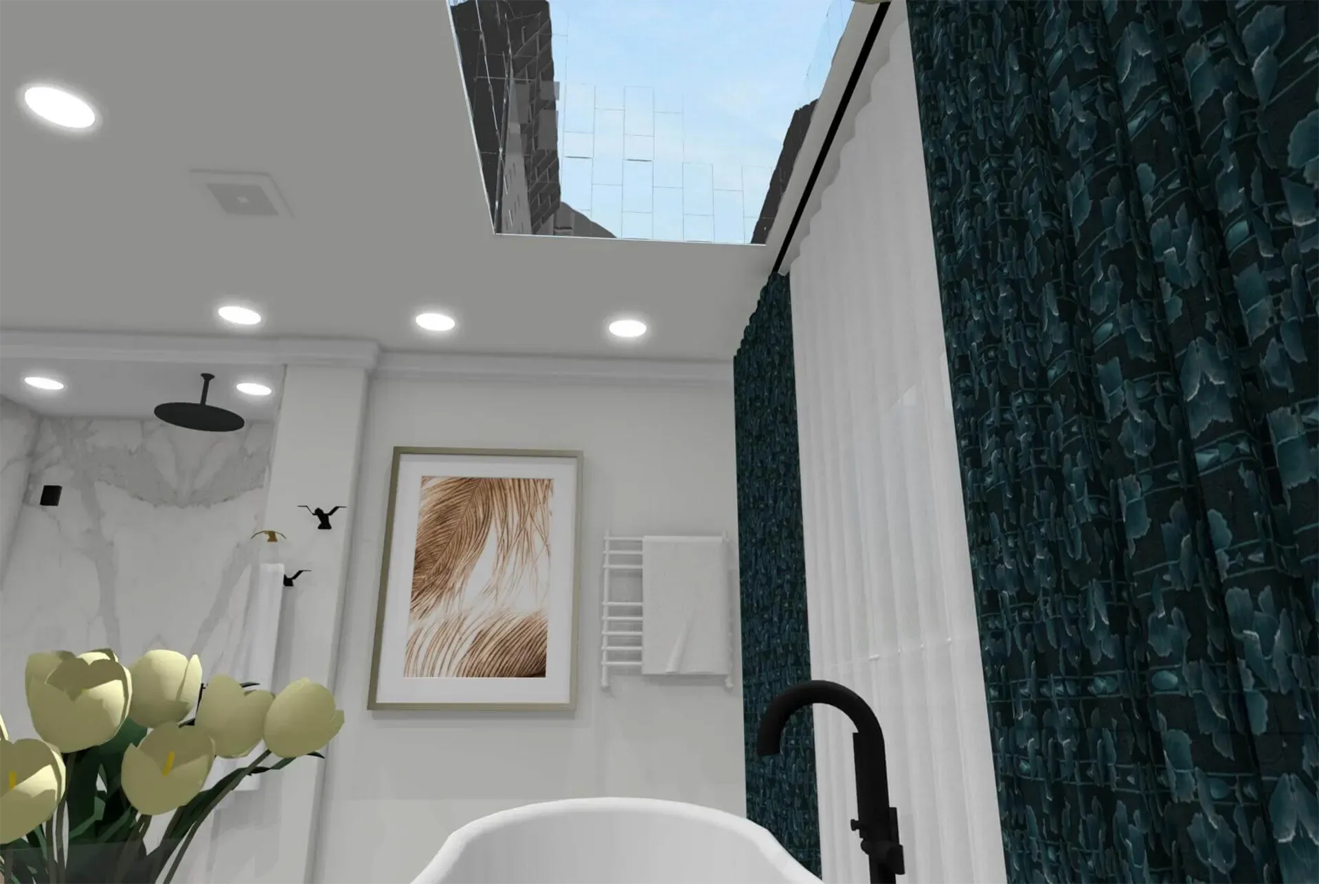 A modern bathroom interior with a freestanding tub, framed wall art, and a skylight under a bright blue sky.