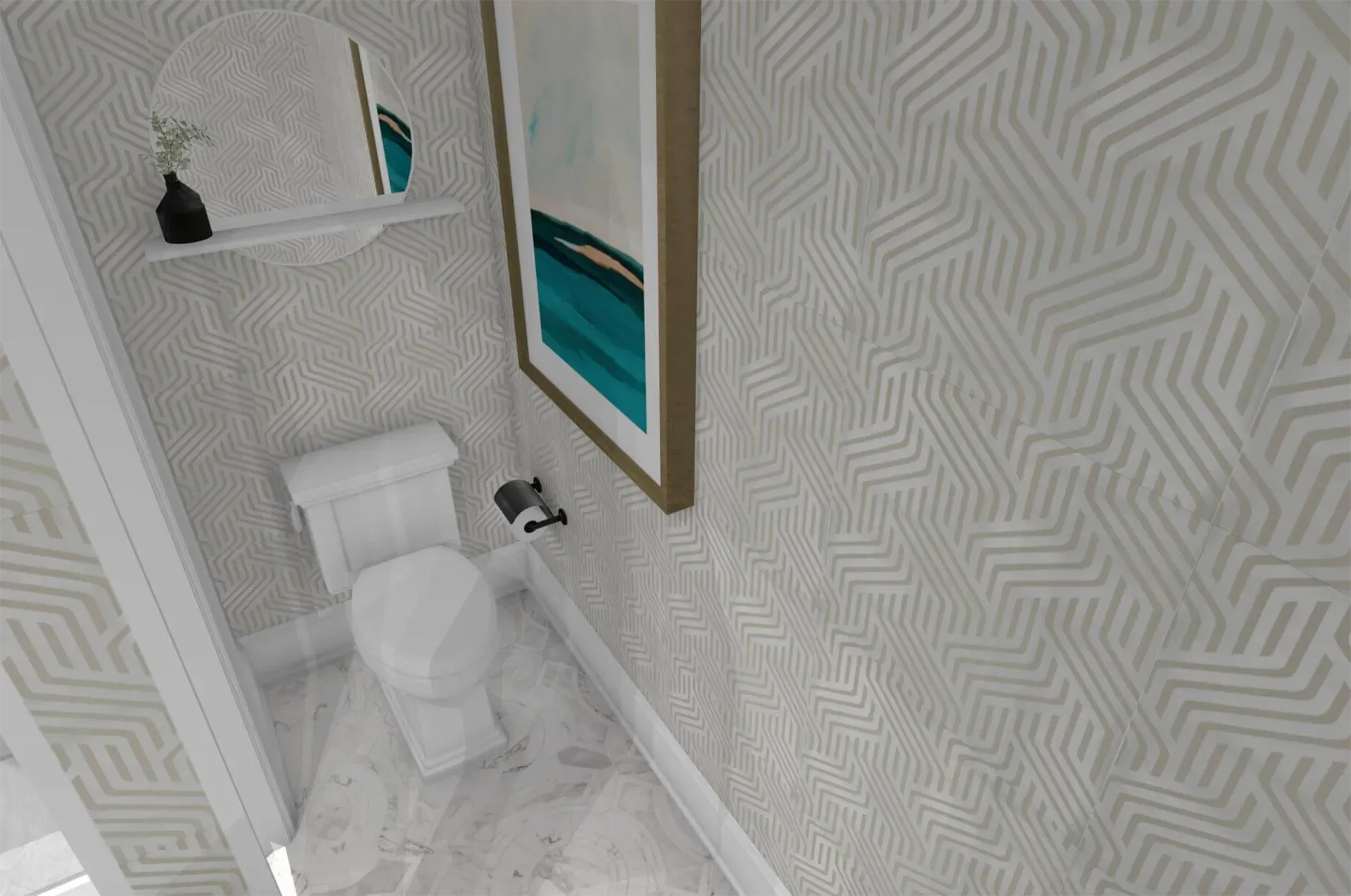 Small bathroom with white geometric wallpaper, marble floors, a toilet, a small mirror, a shelf, and framed coastal art.