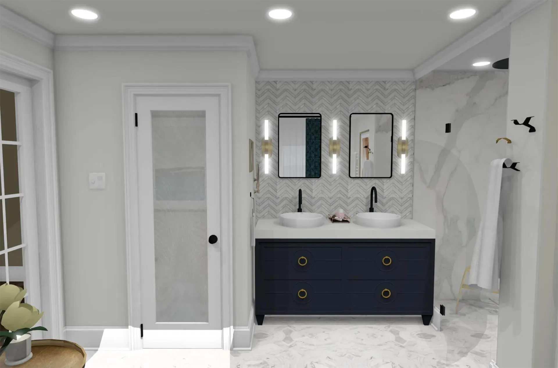 A bathroom interior with a navy double vanity, marble countertops, two rectangular mirrors, and a glass-enclosed shower.