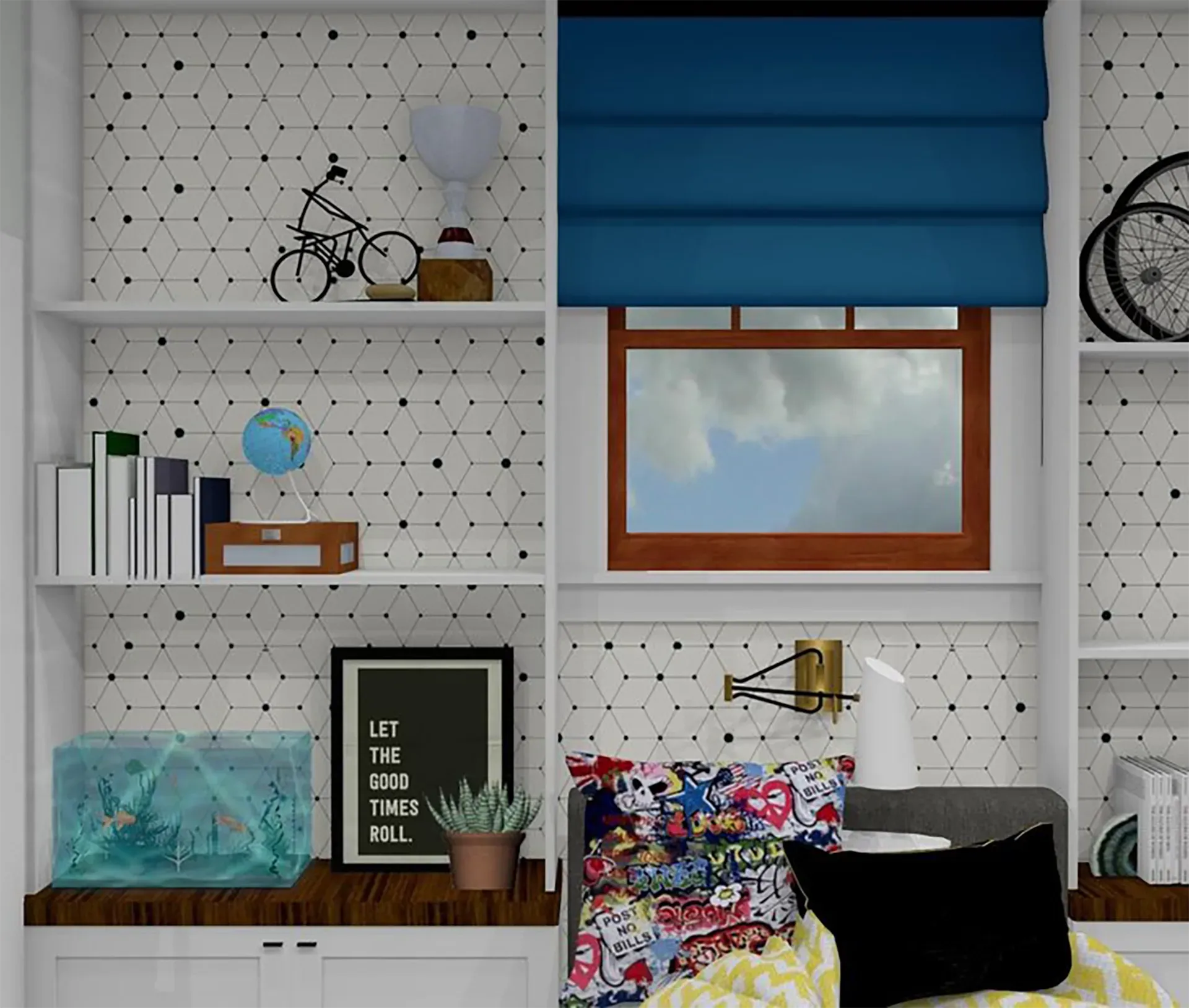 Shelving units with books, a globe, and decorative items flank a window with blue shades above a cozy seating nook.