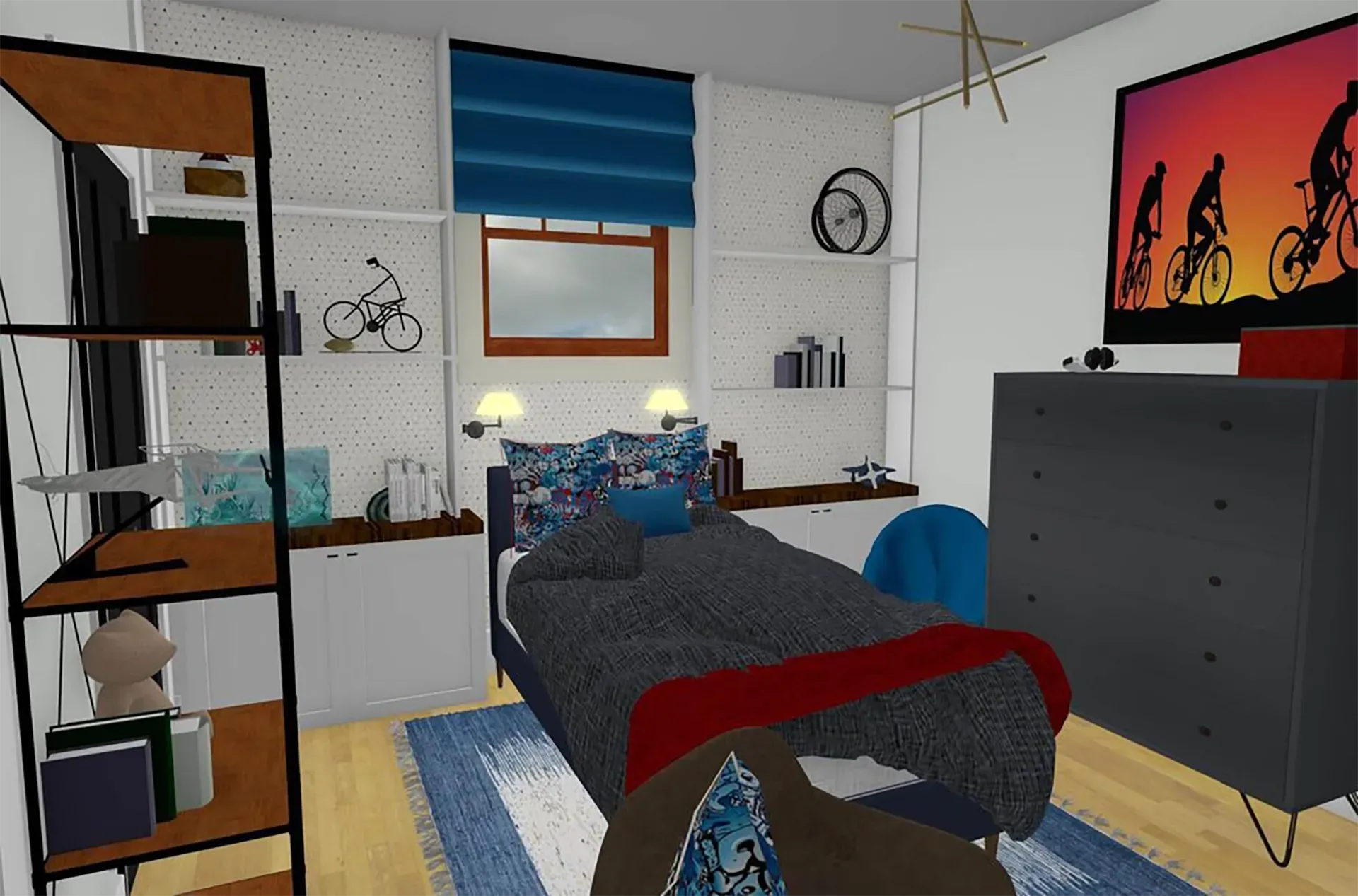 A bedroom featuring a bed with gray bedding, a tall dark dresser, shelves, a blue window shade, and bike-themed wall art.