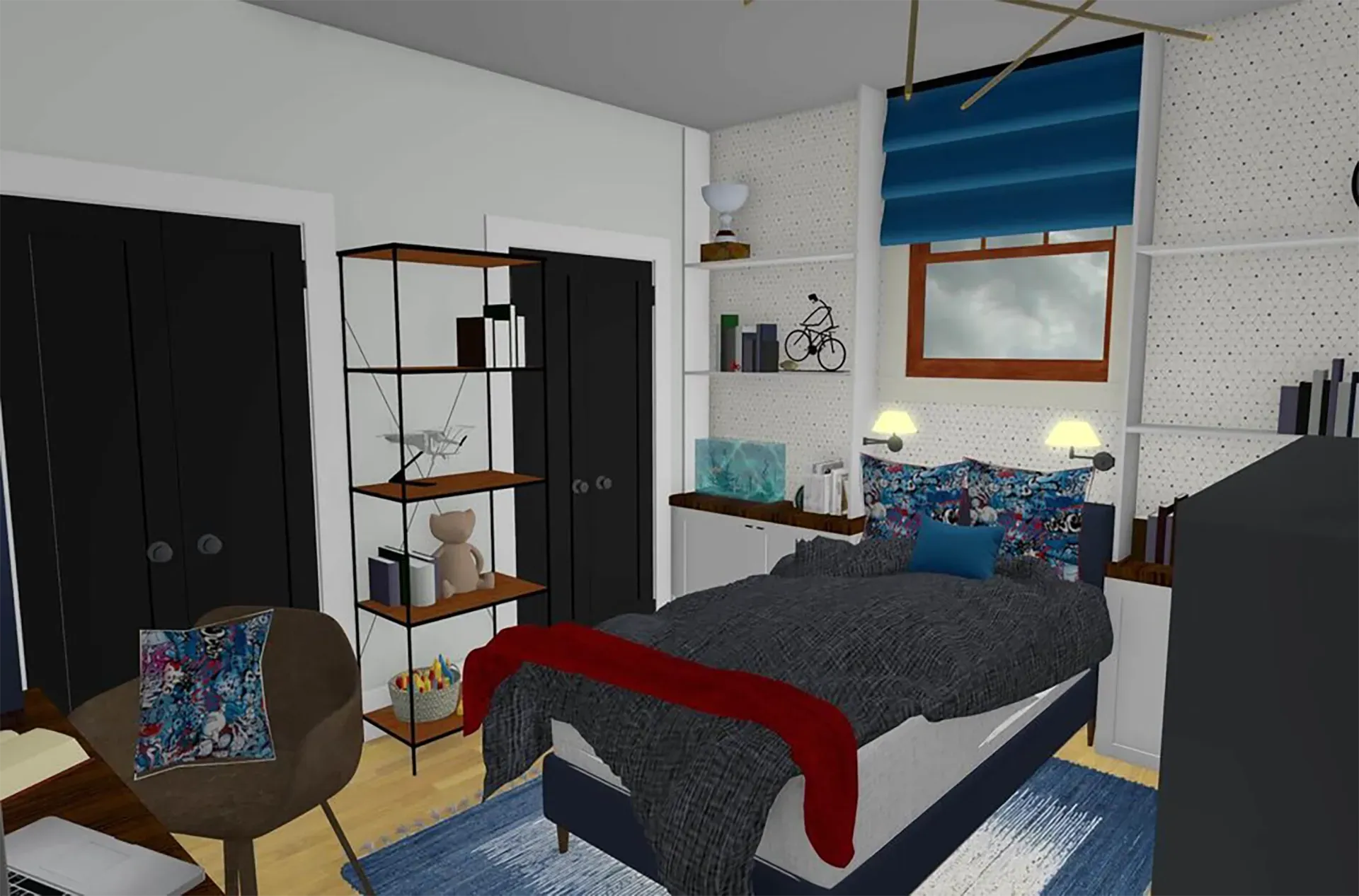 A bedroom with a dark bed, a red throw blanket, a blue roman shade, open shelving, a chair, and a patterned area rug.