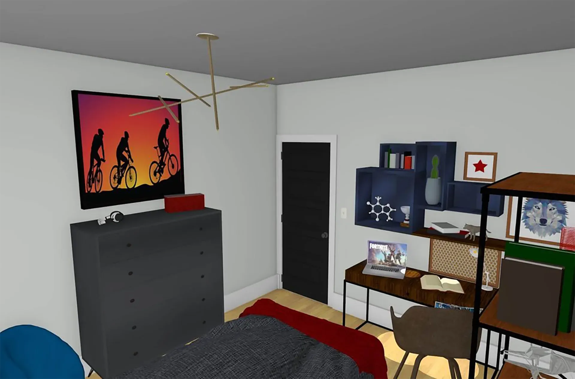 A digital rendering of a bedroom with a dark dresser, a desk with wall shelves, a black door, and a cycling art print.