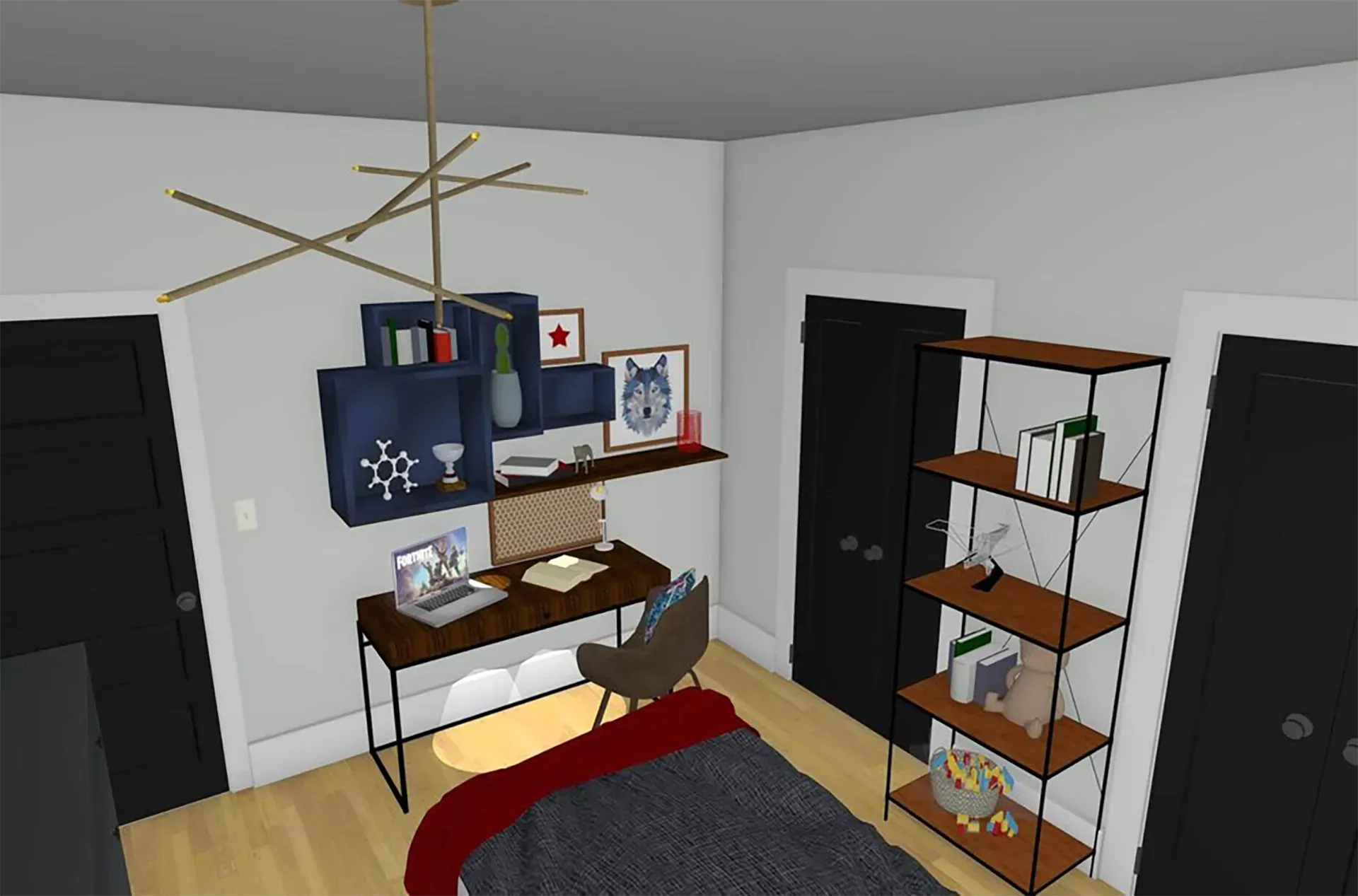 A computer-generated room with light gray walls, black doors, a desk, a tall shelving unit, and a modern chandelier.