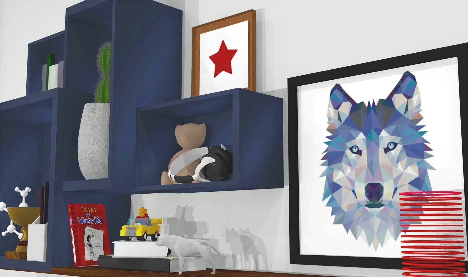 Wall shelves holding decorative items, a framed star, and a geometric wolf art print.