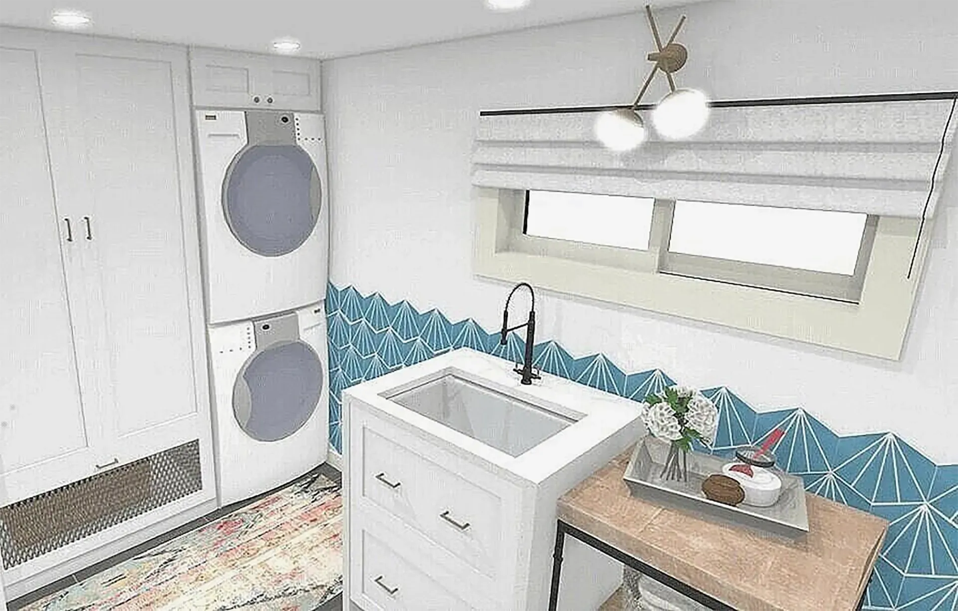A modern laundry room with a stacked washer and dryer, a white utility sink, and blue patterned tile backsplash.