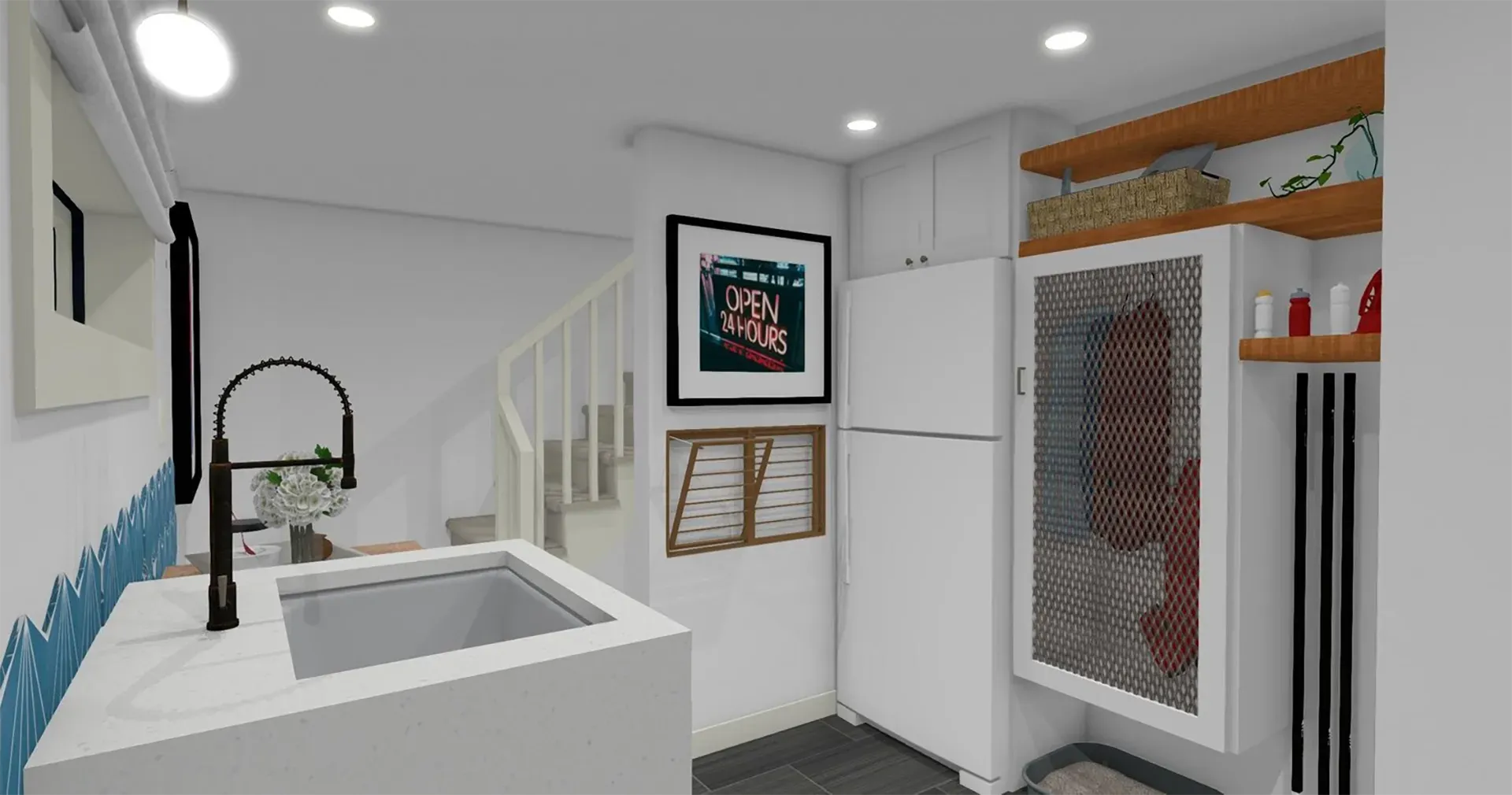 A modern kitchen with a white island, black faucet, white refrigerator, and open wood shelving on a white wall.