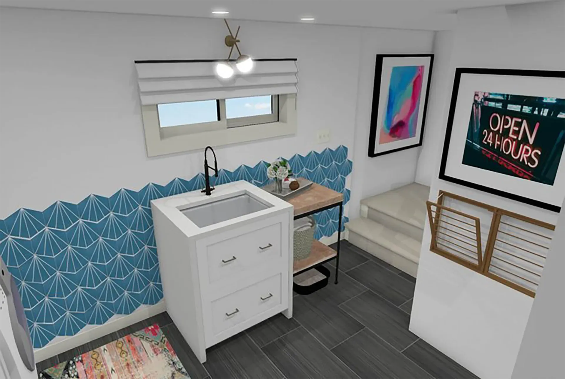 A bathroom rendering with blue scalloped tile backsplash, a white sink vanity, and framed art on white walls.