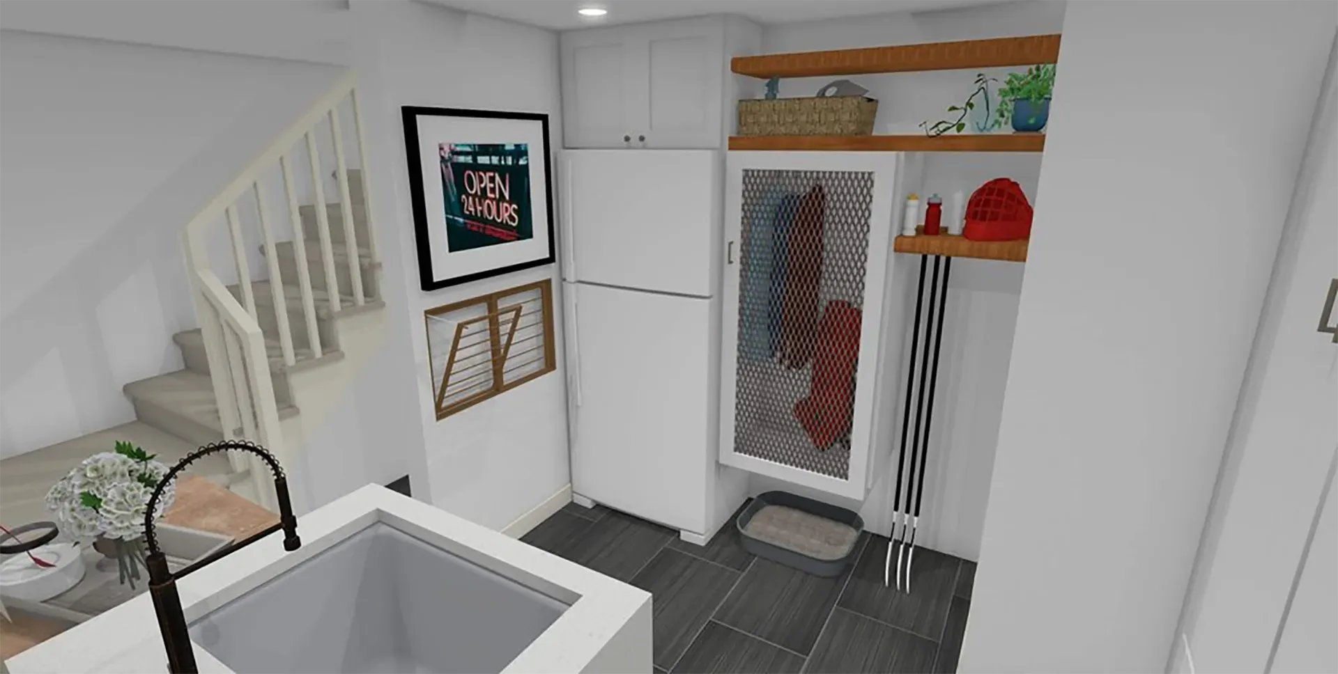 A modern kitchen view featuring a white refrigerator, a staircase, open shelving, and a sink with a black faucet.