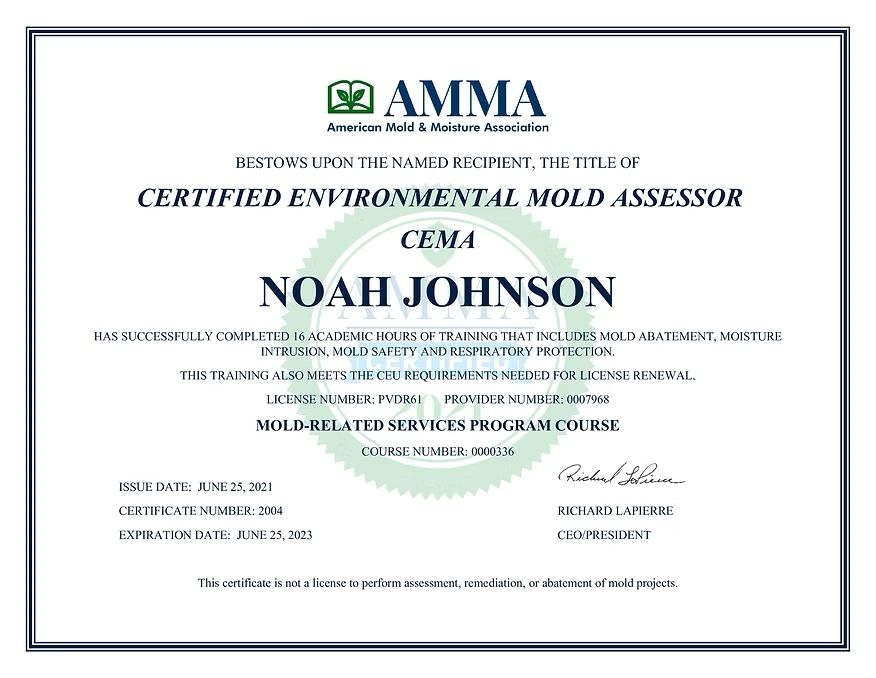 Certificate of completion for Noah Johnson as a Certified Environmental Mold Assessor