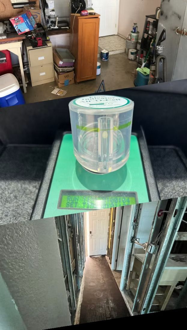 Garage and storage space with a device on a green surface in the center