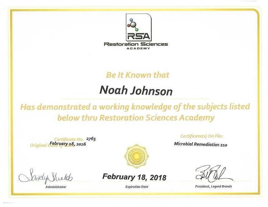 Certificate of completion from Restoration Sciences Academy for Noah Johnson