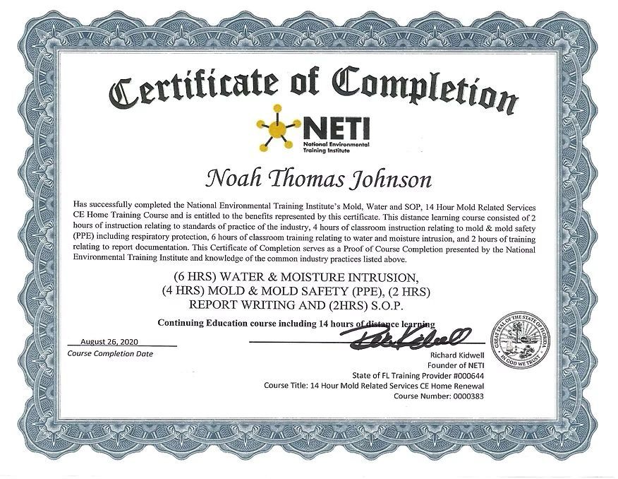 Certificate of Completion from NETI