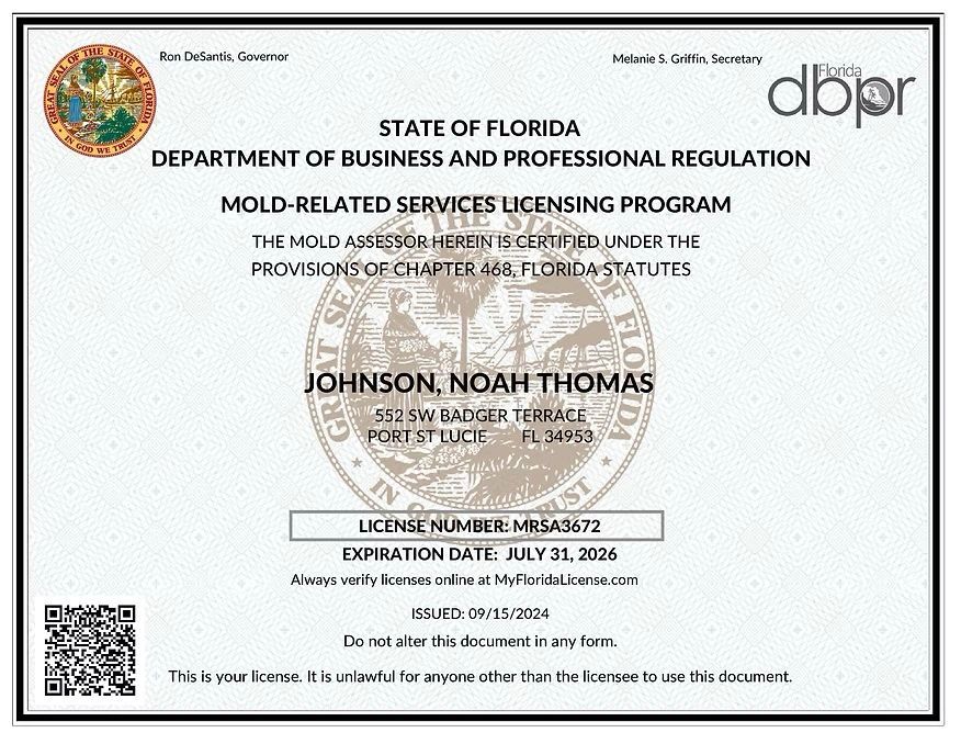 Florida Department of Business and Professional Regulation mold license for Noah Thomas Johnson