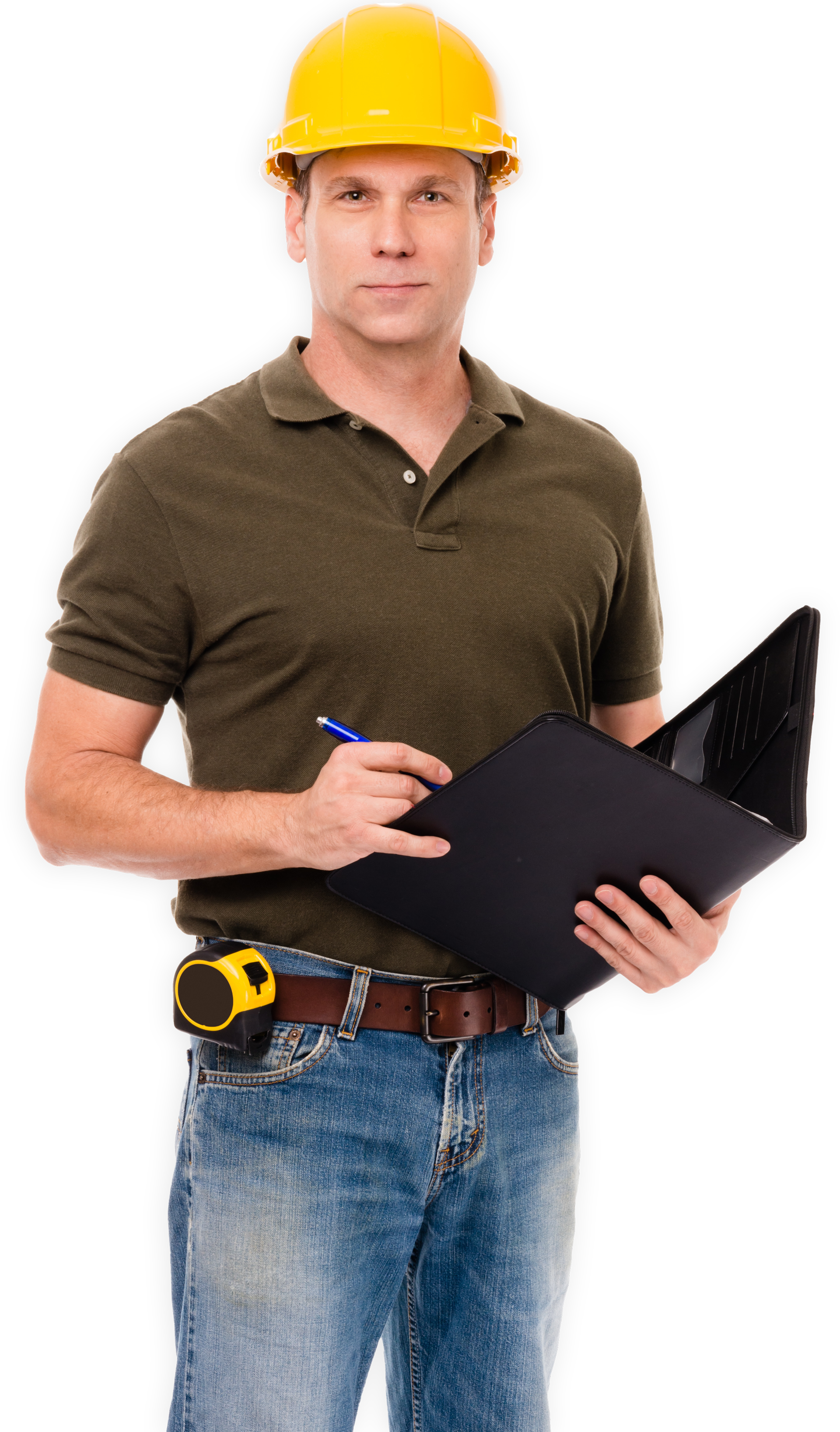 A man olding a clipboard and pen, and a measuring tape on his belt
